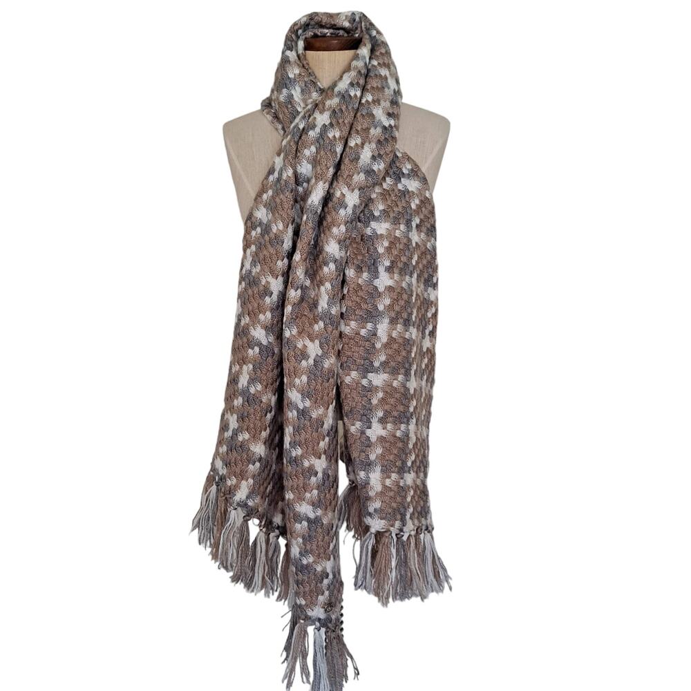 Calvin Klein Beige Tan & Olive Green Basket Weave Chunky Knit Scarf - 23" x 75"